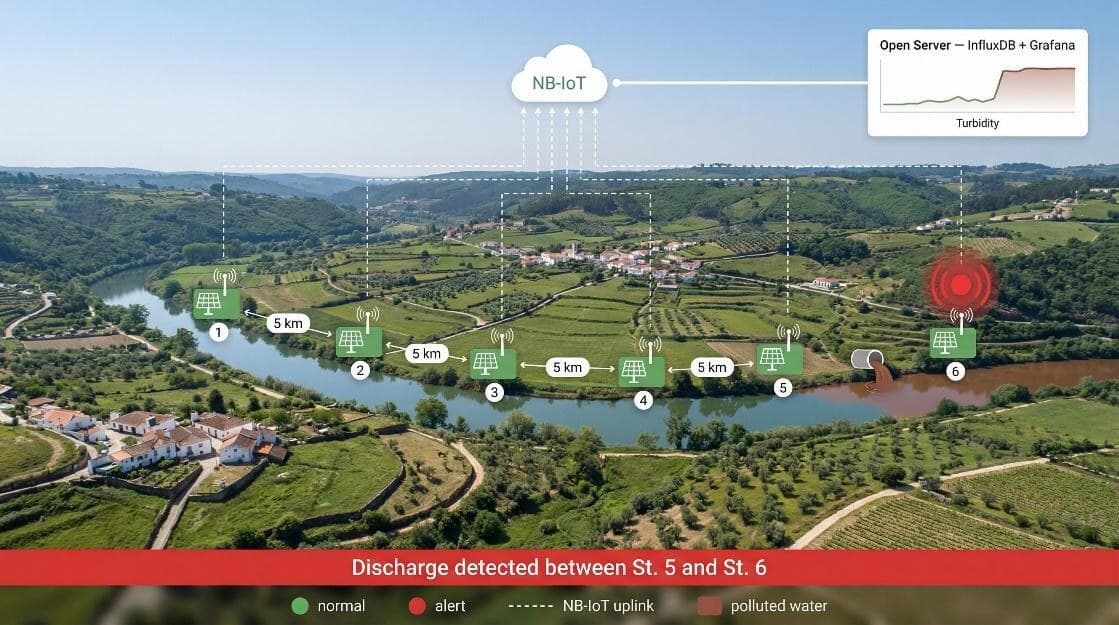 Conceito de rede de estações Guarda-Rios ao longo de um rio, ligadas por NB-IoT